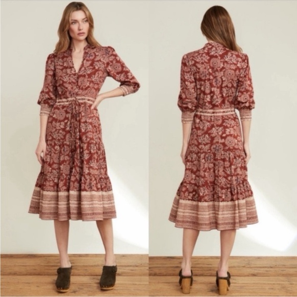 Veronica Beard Brown Floral Boho vacation Midi Dress Tie Waist Long Sleeve sz 8